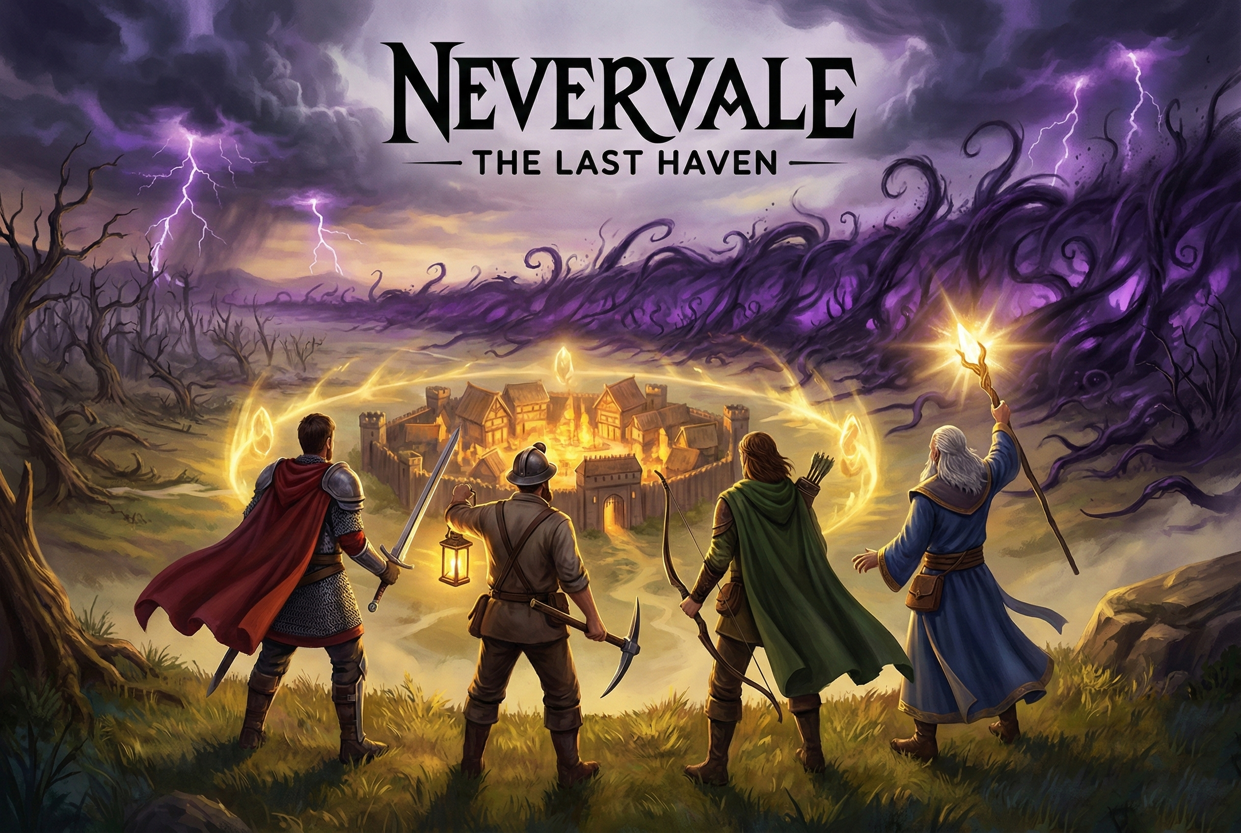 Nevervale: The Last Haven - Four heroes facing a protected village